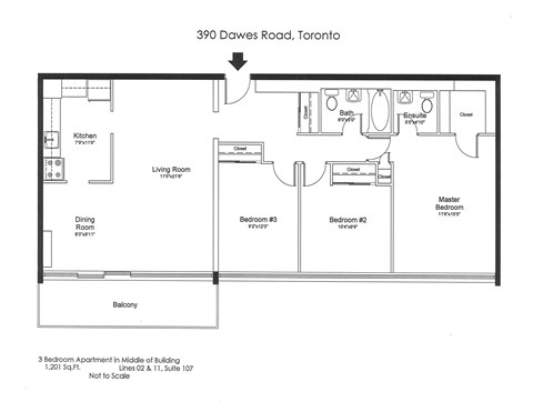 Floor plan for 3 beds, 2 baths, 1201 sqft